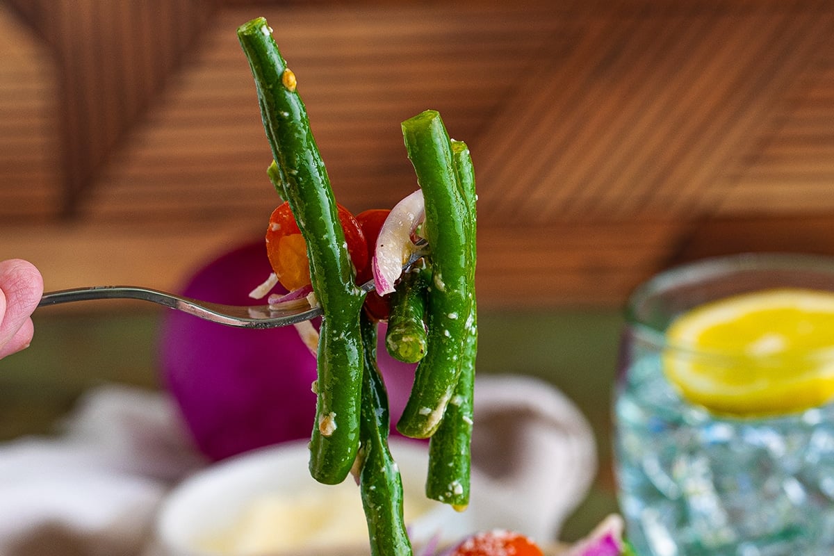 green beans on a fork