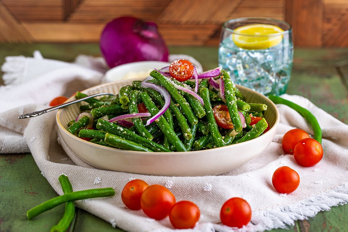straight on shot of bowl of marinated green beans