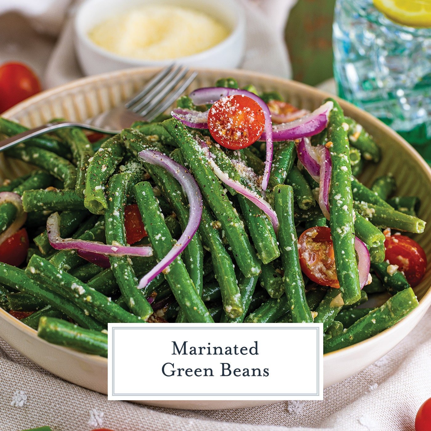 bowl of marinated green beans with text overlay for facebook