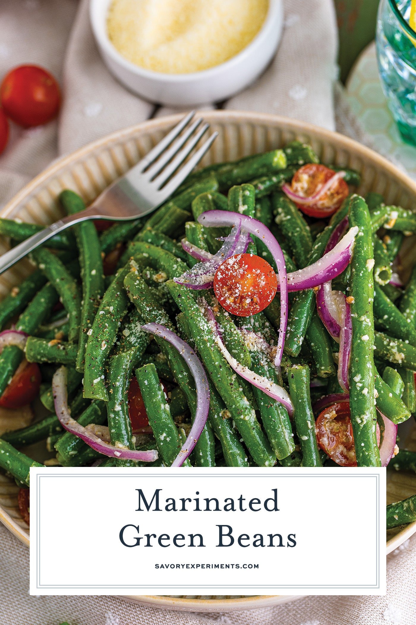 green beans in a bowl with text overlay for pinterest