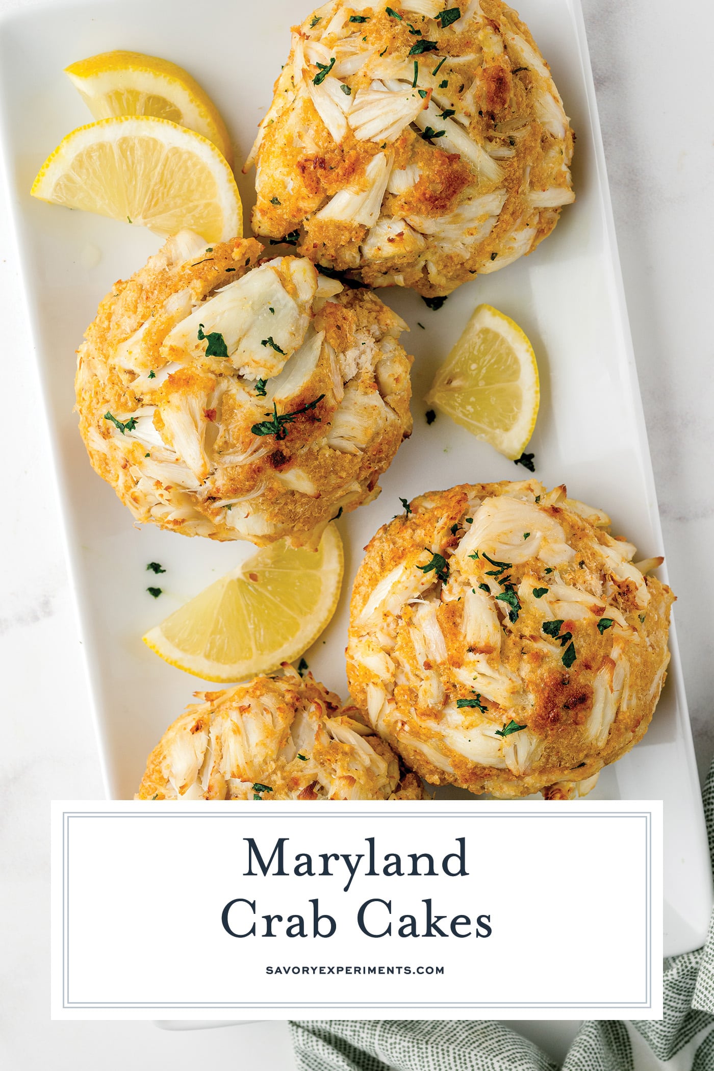 overhead of crab cakes on a platter