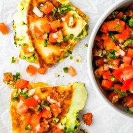 overhead shot of tuna melt quesadilla