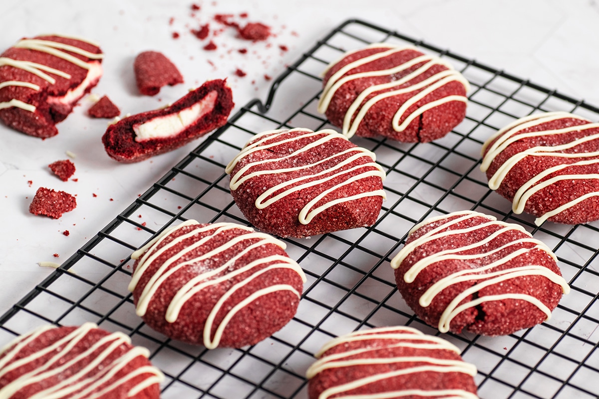 red velvet cookies on a cooling rack