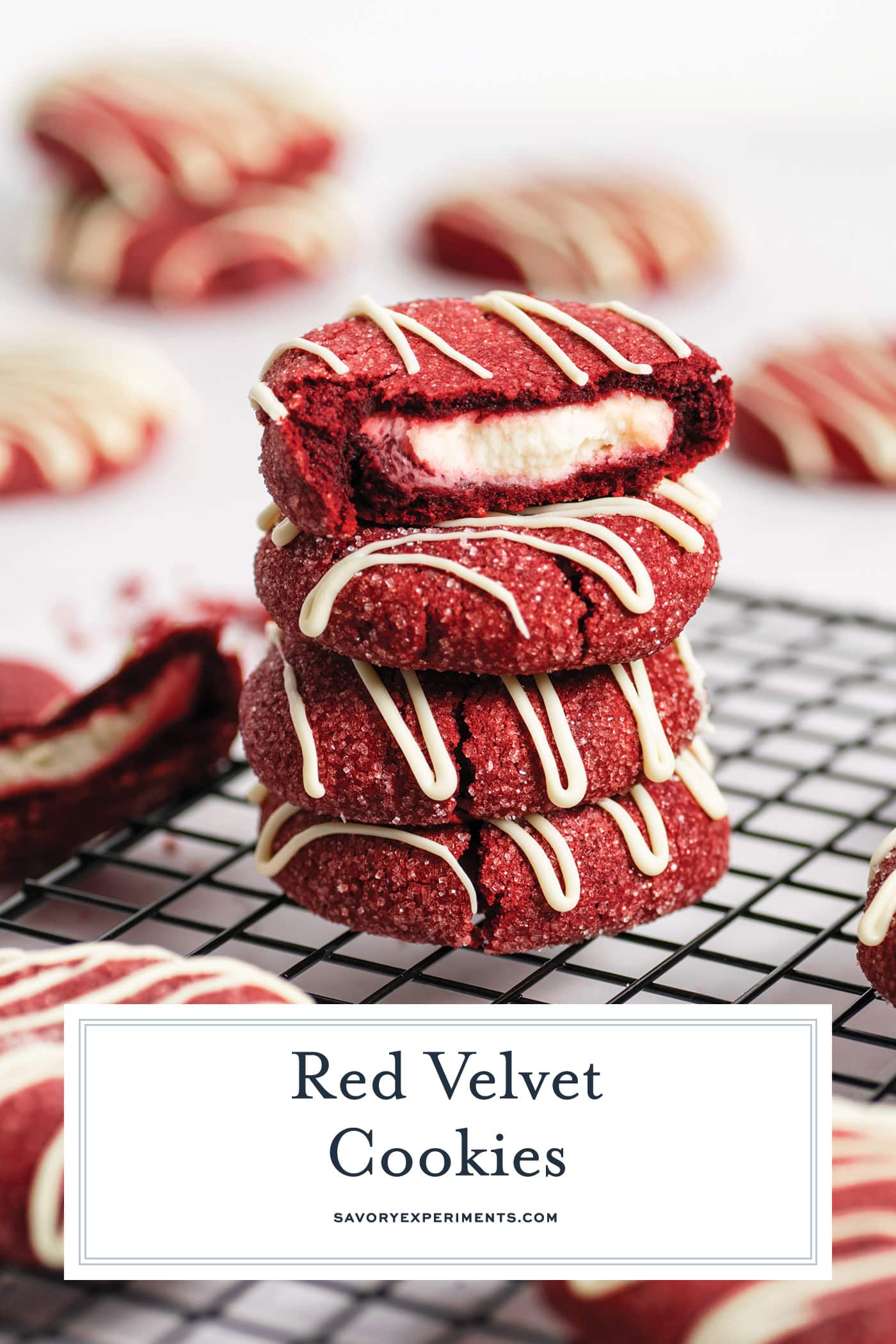 stack of red velvet cookies with text overlay for pinterest