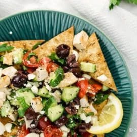 overhead shot of plate of greek nachos