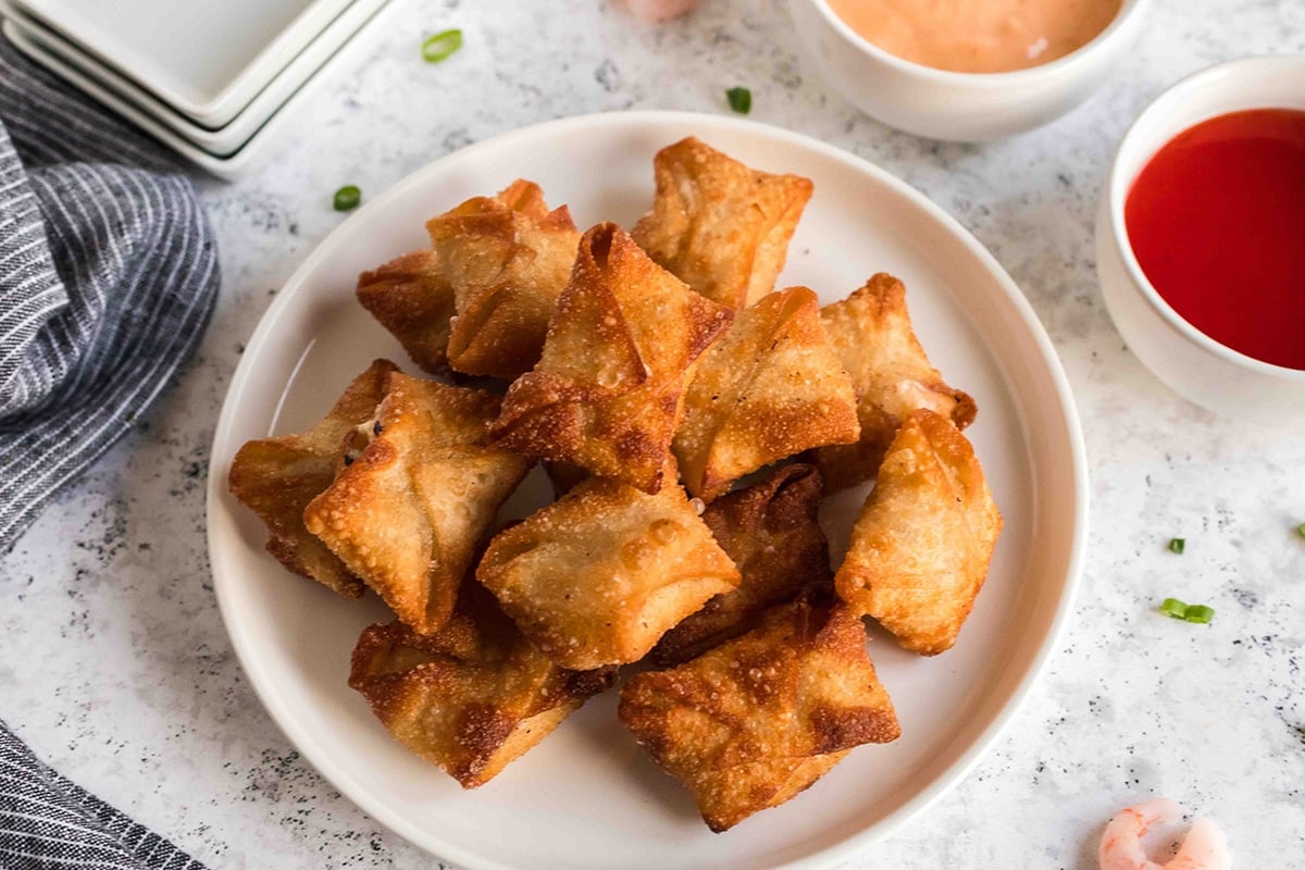 angled shot of shrimp rangoon on plate