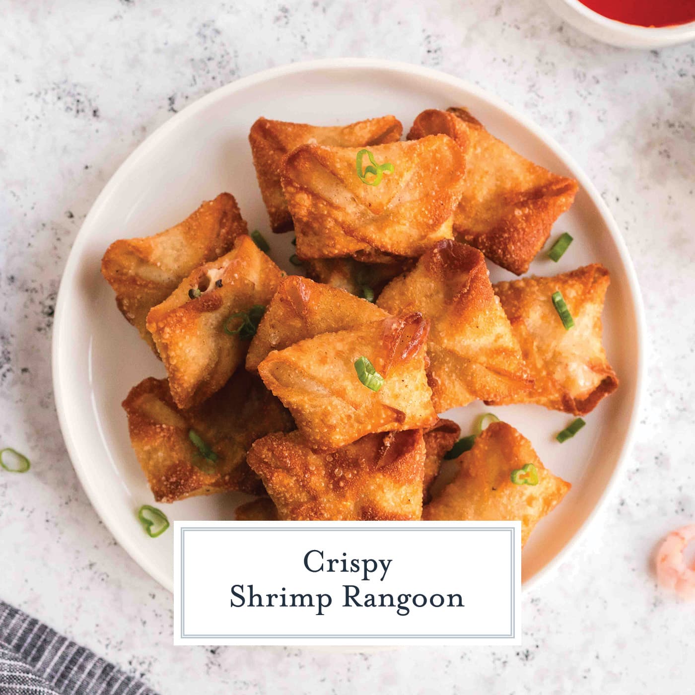 overhead shot of plate of shrimp rangoon with text overlay for facebook