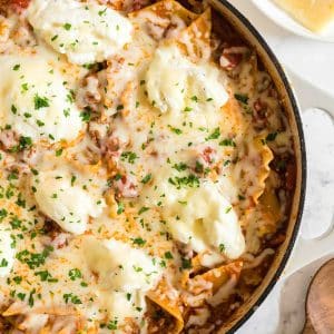 overhead shot of skillet lasagna in a skillet