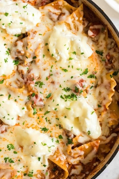 overhead shot of skillet lasagna in a skillet