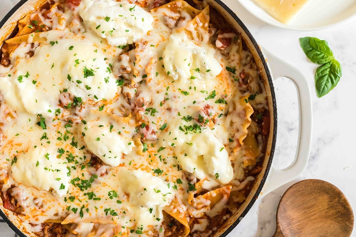 overhead shot of skillet lasagna in a skillet