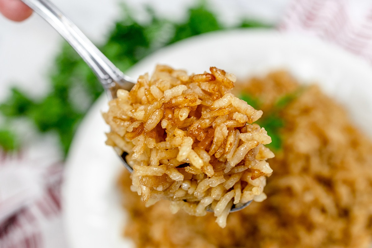 close up of spoon full of stick of butter rice