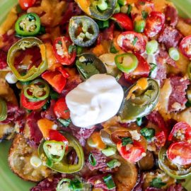 overhead shot of corned beef nachos