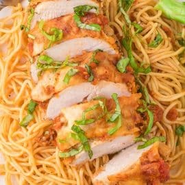 overhead shot of sliced air fryer chicken parmesan