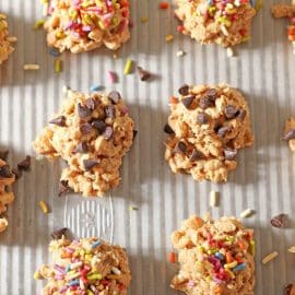overhead shot of avalanche cookies with toppings
