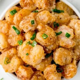 overhead shot of bowl of firecracker shrimp