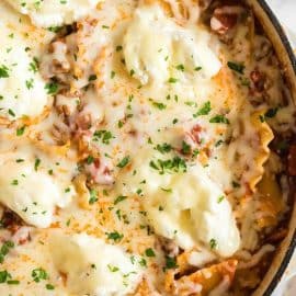overhead shot of skillet lasagna in a skillet