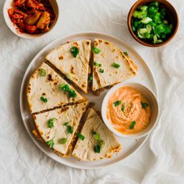 overhead shot of kimchi quesadilla