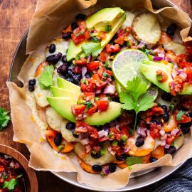 overhead shot of sweet potato nachos