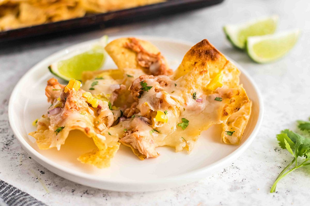 bbq chicken nachos on a plate