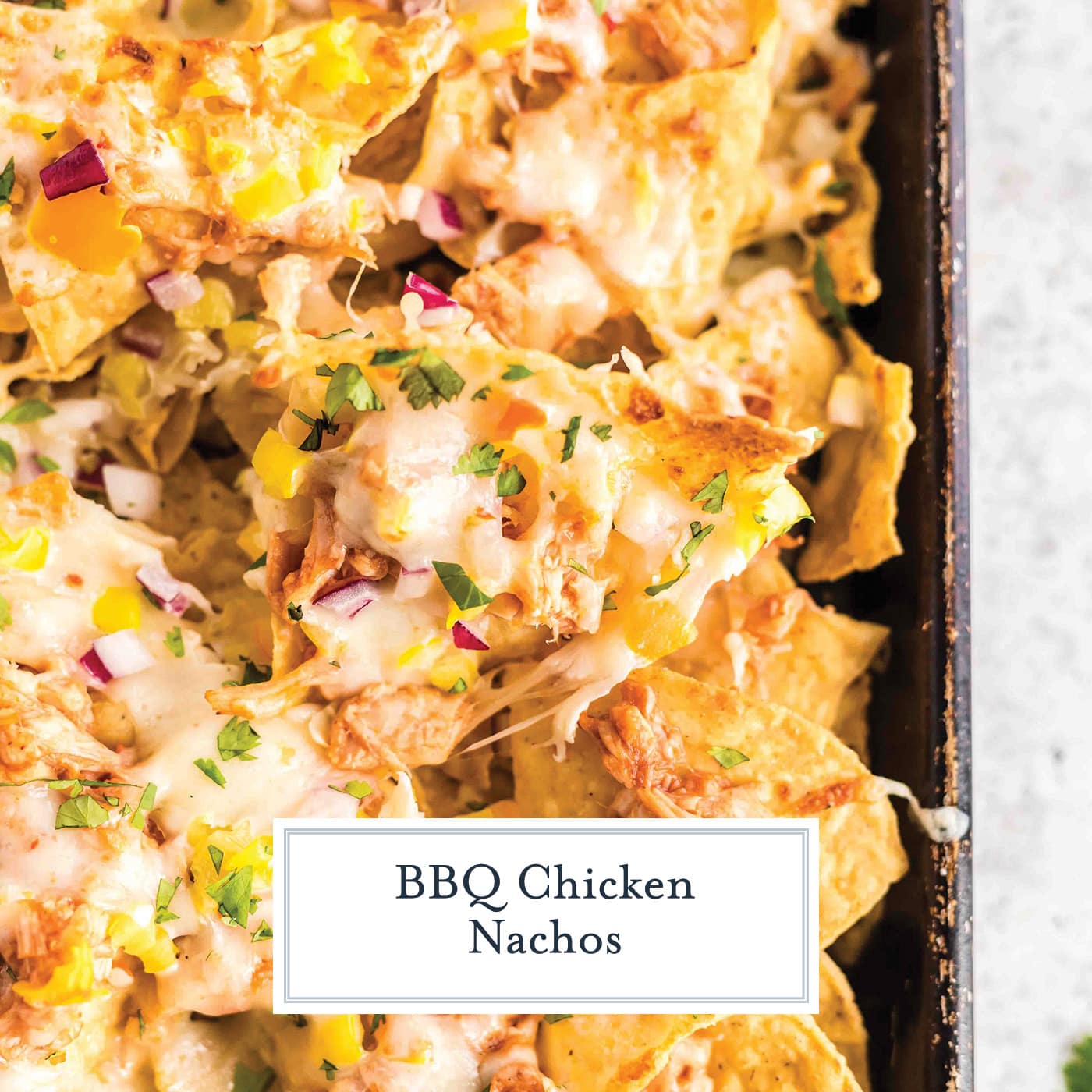 overhead shot of bbq chicken nachos with text overlay for facebook