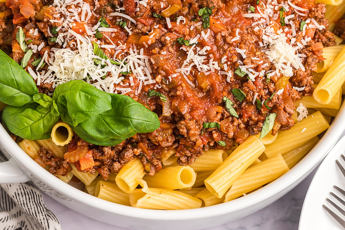 close up of meat sauce on pasta