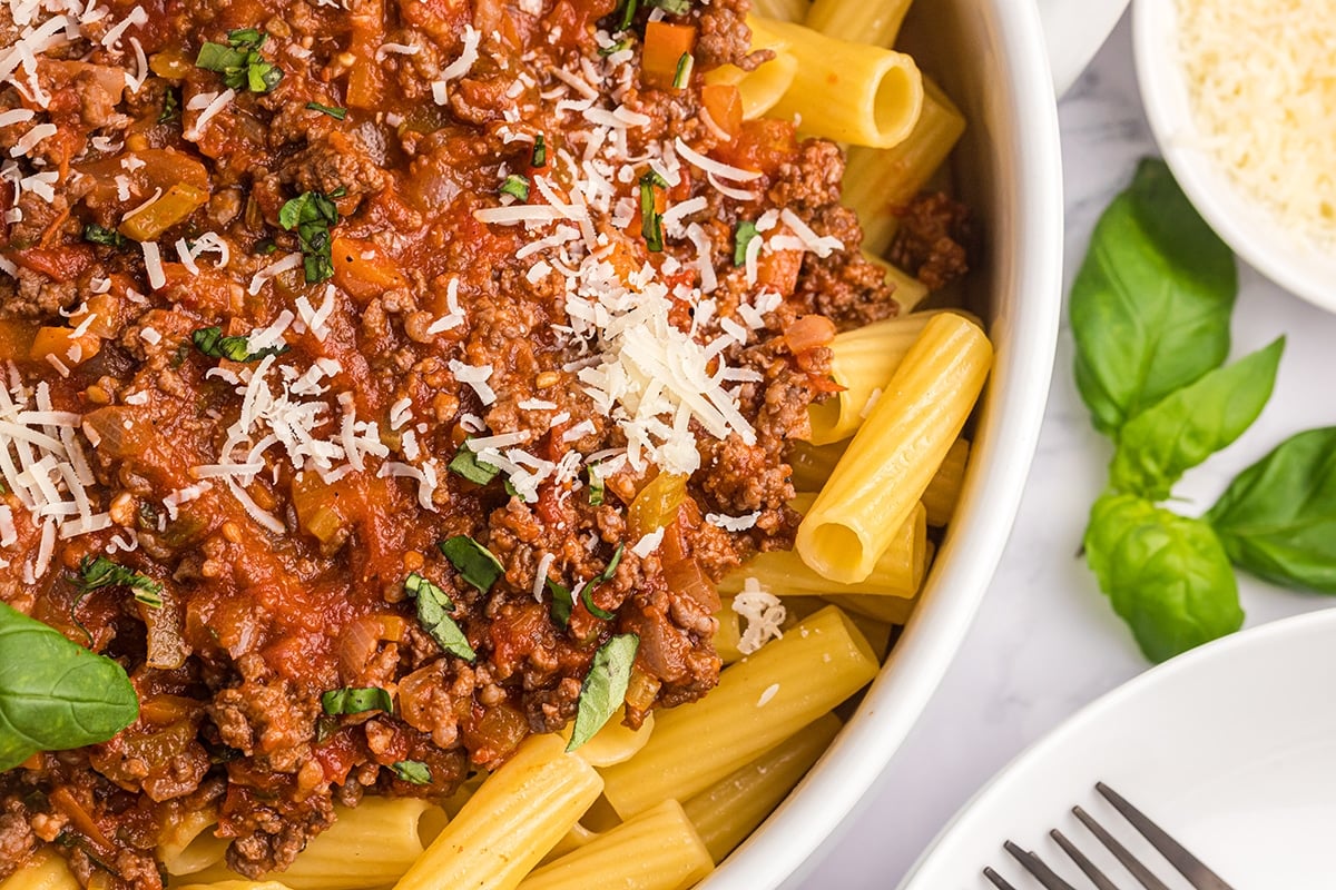 overhead shot of bolognese sauce on pasta