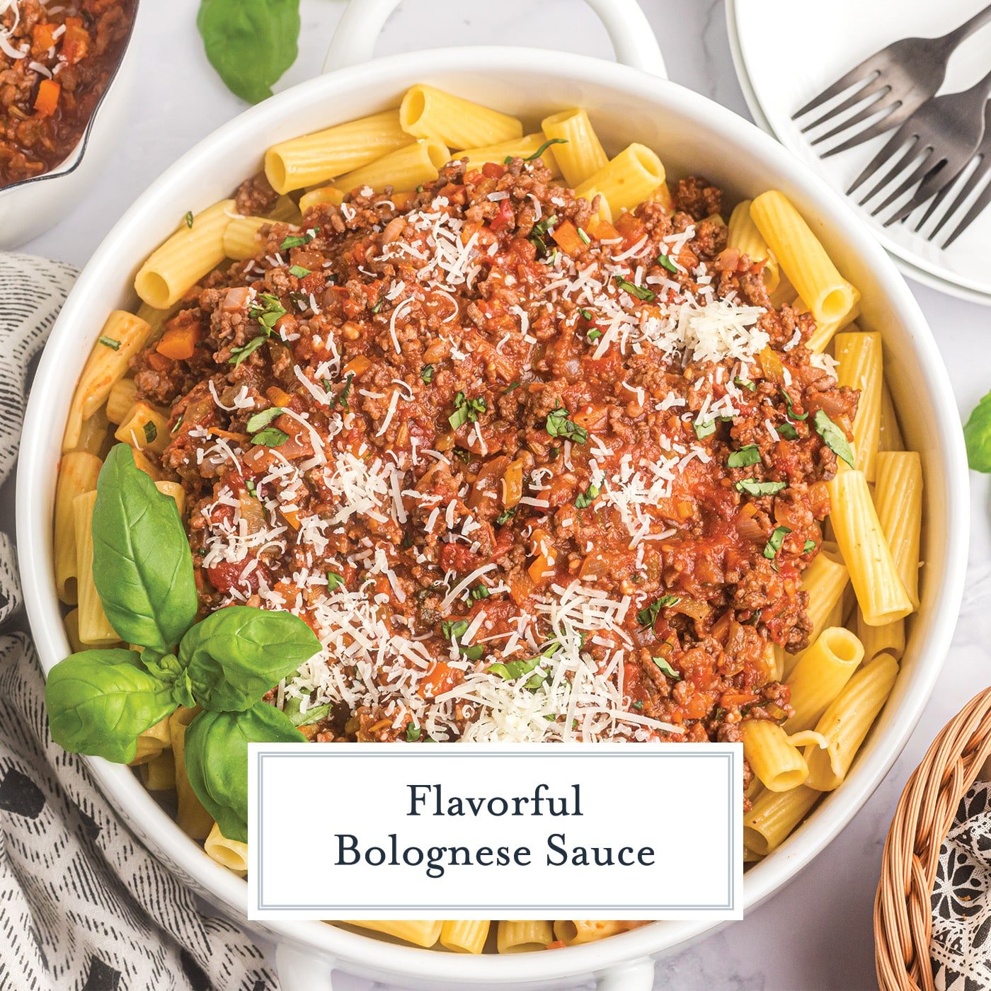 bowl of pasta topped with bolognese sauce with text overlay for facebook