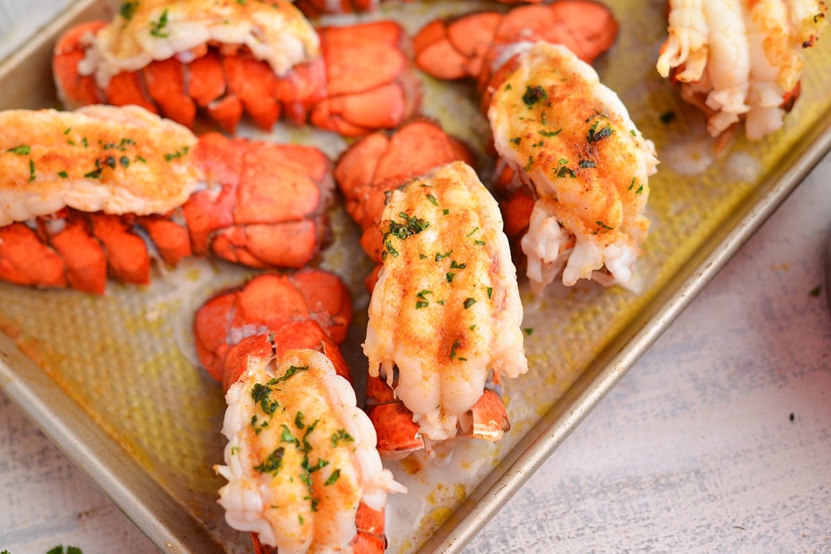 close up of cooked lobster tail with butter and parsley