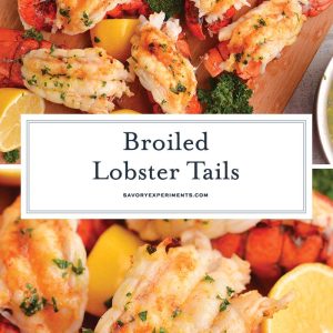 collage of broiled lobster tails and butter