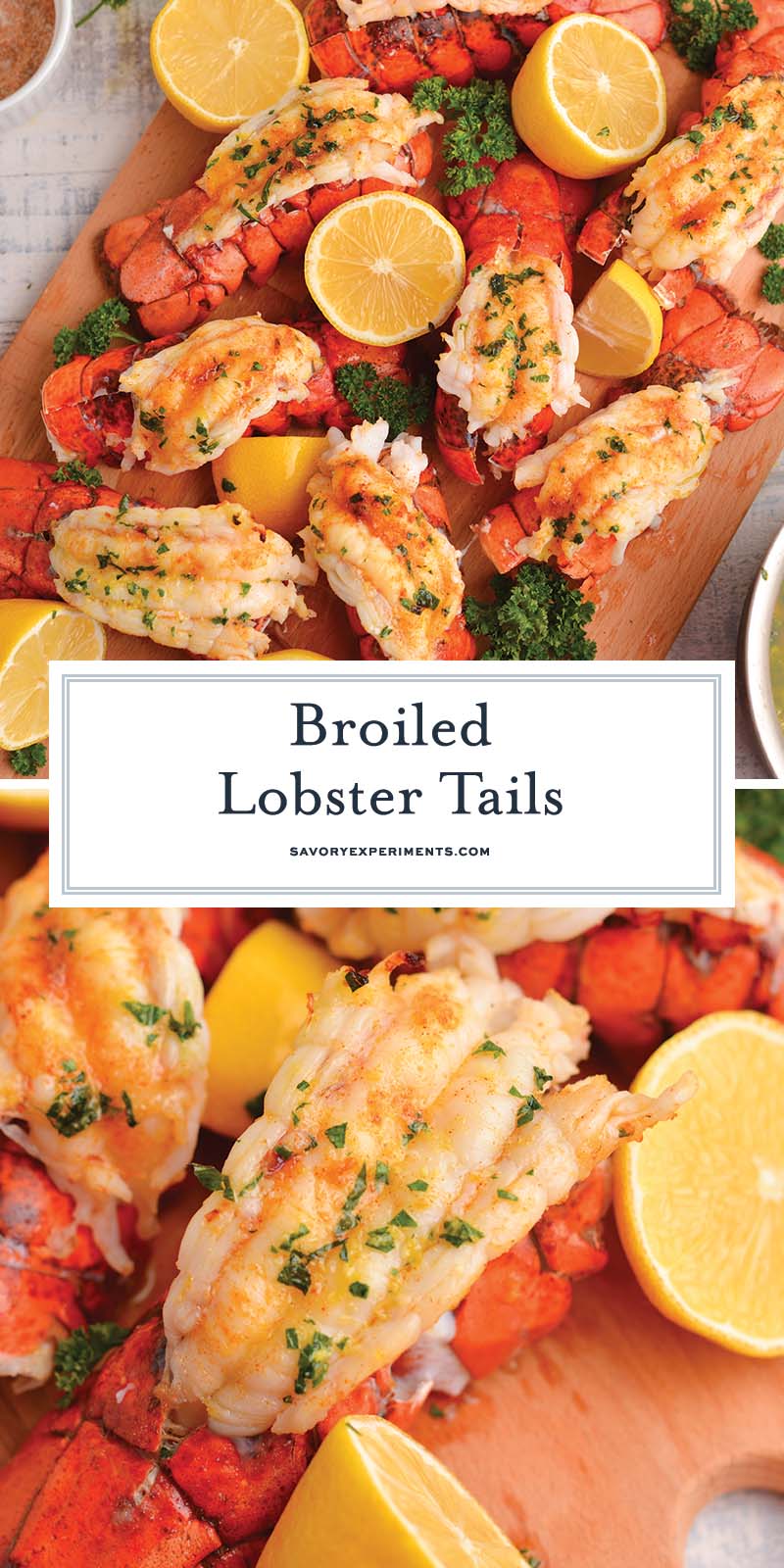 collage of broiled lobster tails and butter