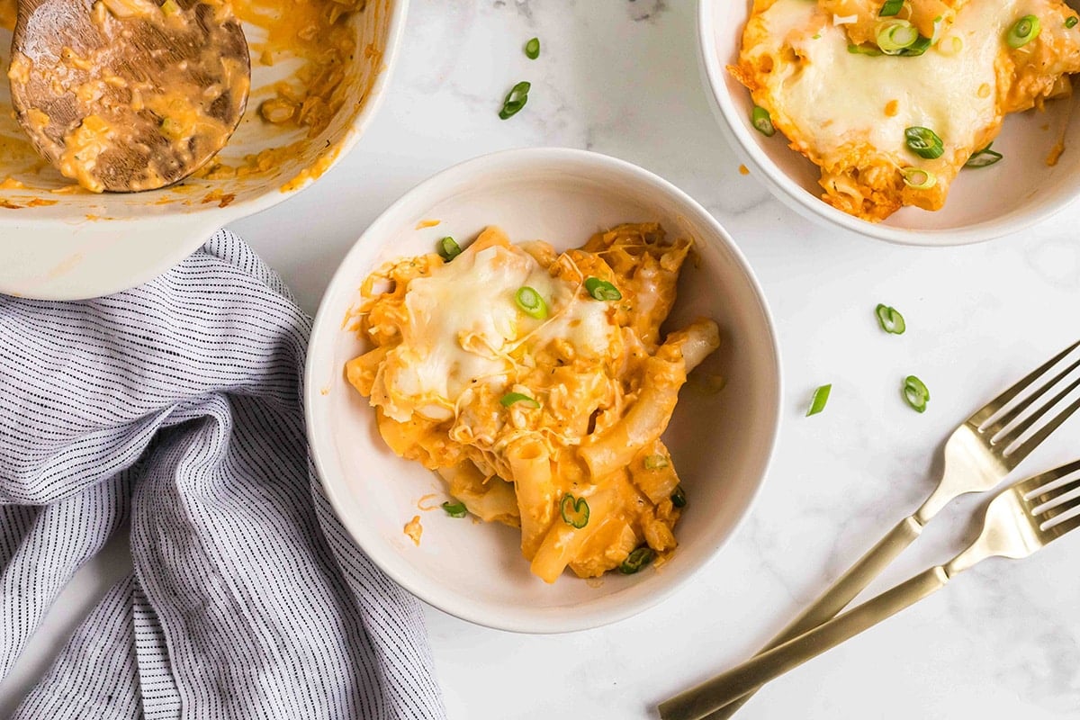 overhead shot of bowl of buffalo chicken casserole