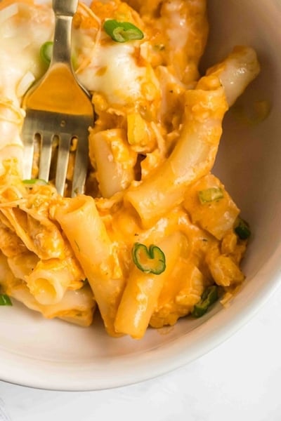 overhead shot of bowl of buffalo chicken casserole