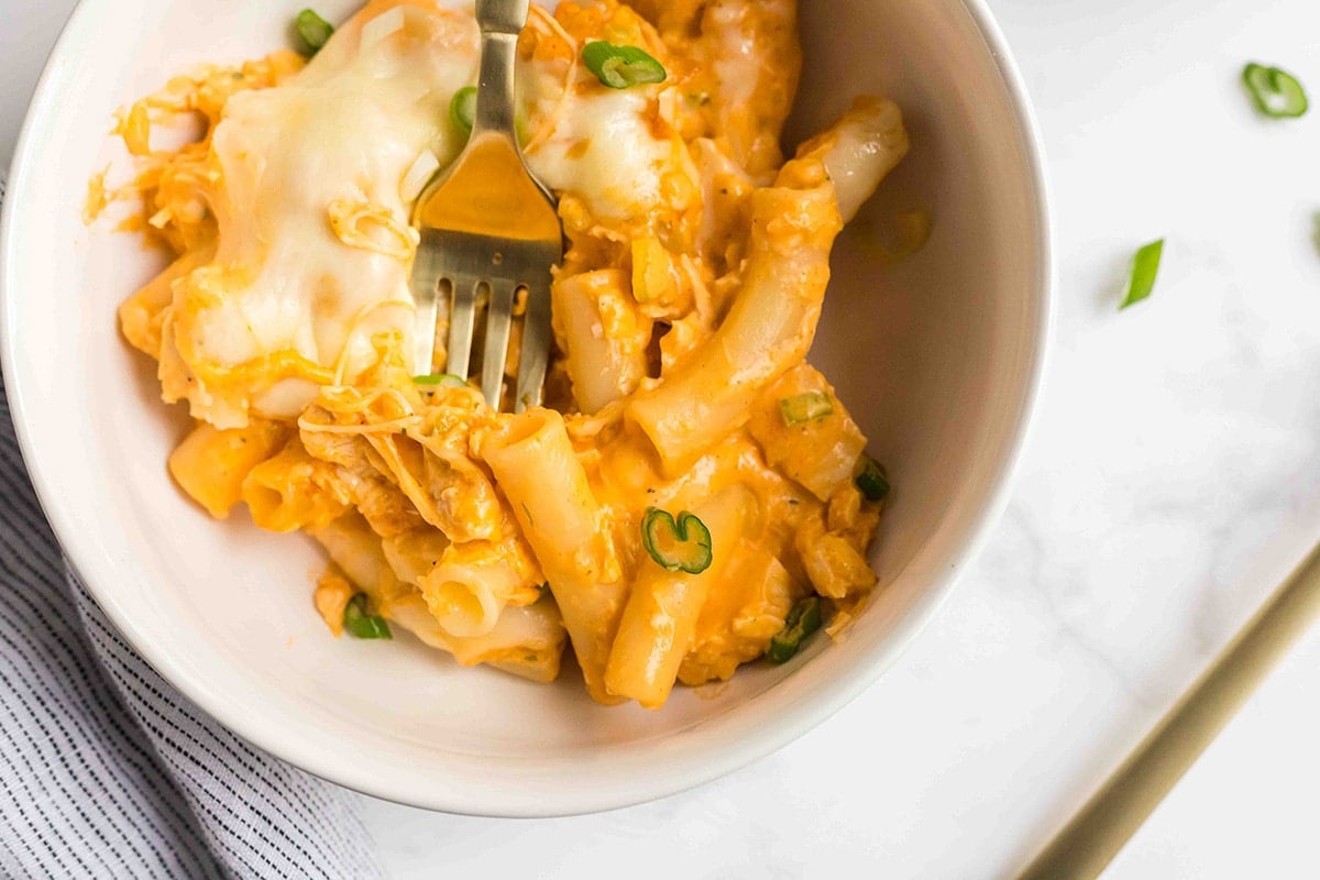 overhead shot of bowl of buffalo chicken casserole