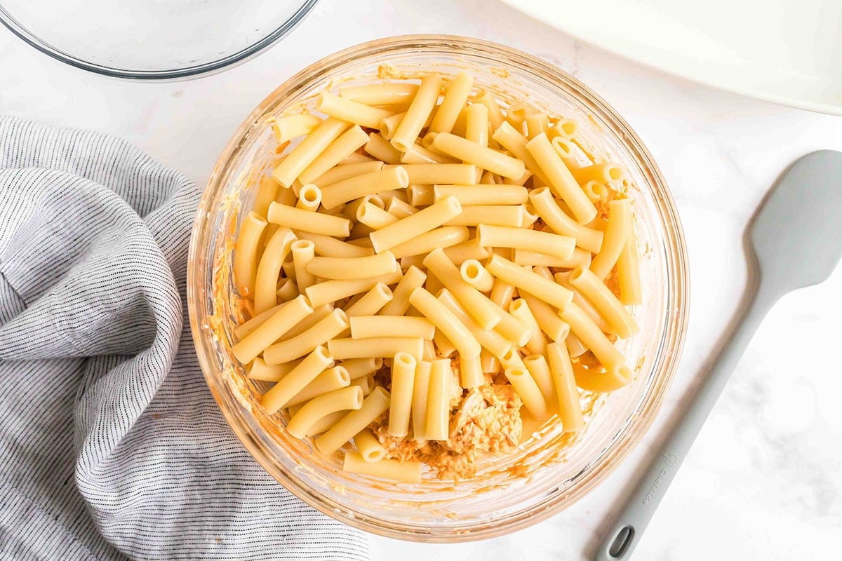 noodles mixed with buffalo chicken dip