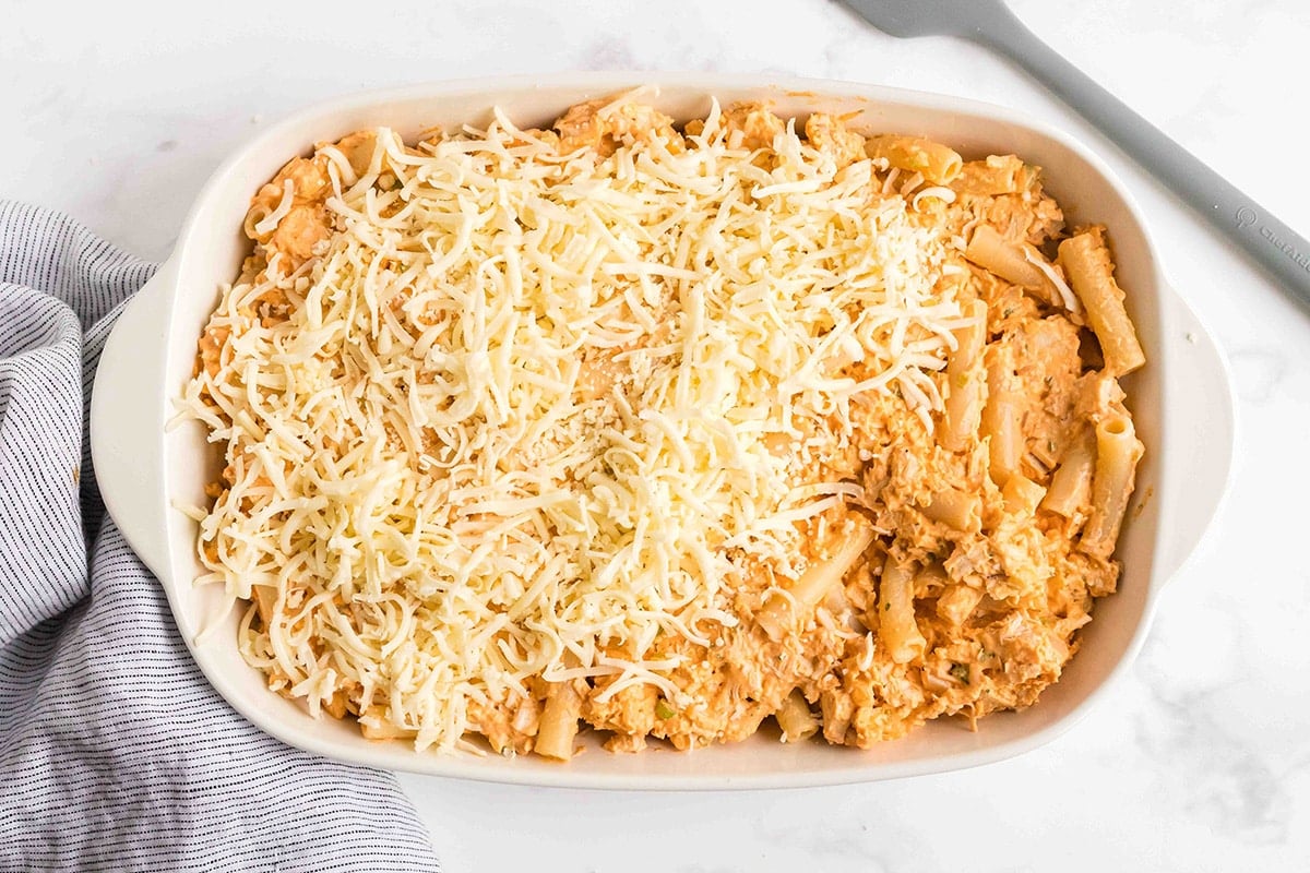 shredded cheese on top of casserole