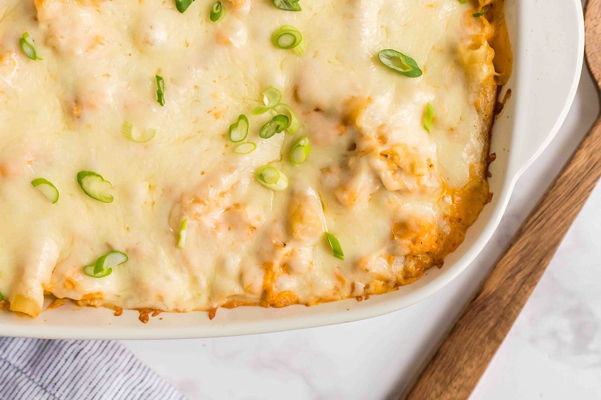 close up of overhead shot of buffalo chicken casserole