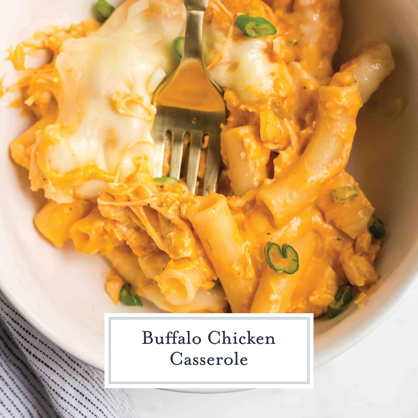 overhead shot of bowl of buffalo chicken casserole with text overlay for facebook