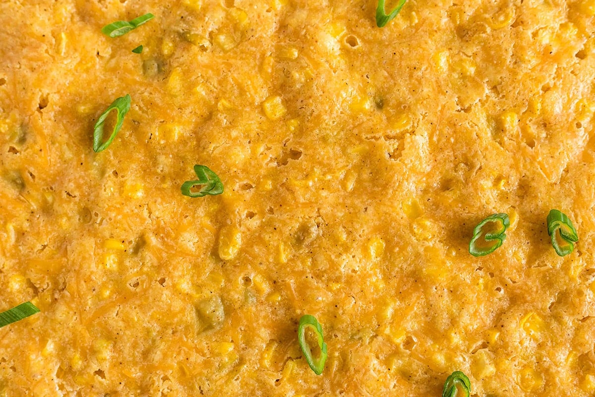 close up of crispy topping on cornbread casserole