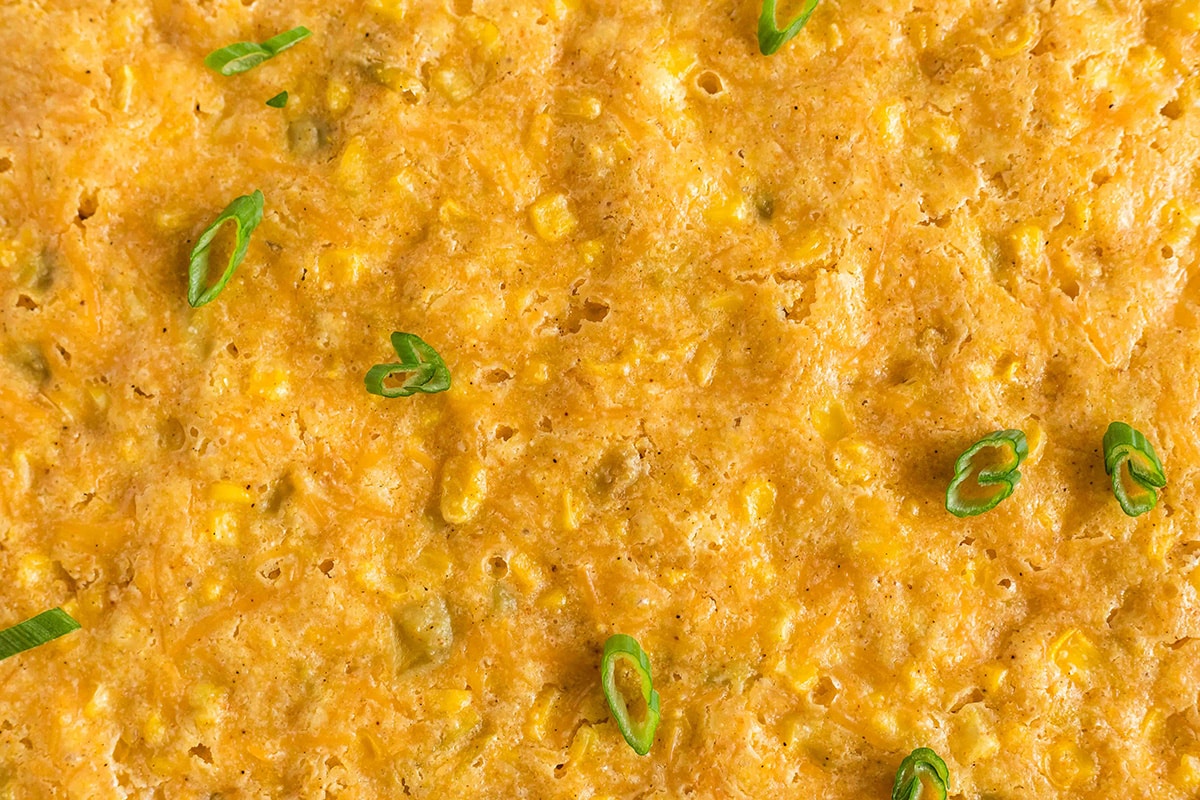 close up of crispy topping on cornbread casserole