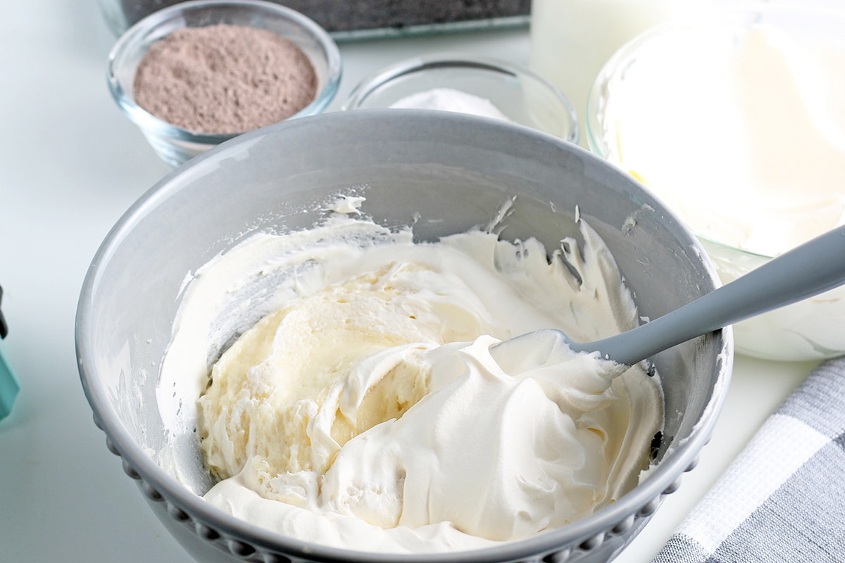 whipped cream cheese in a mixing bowl