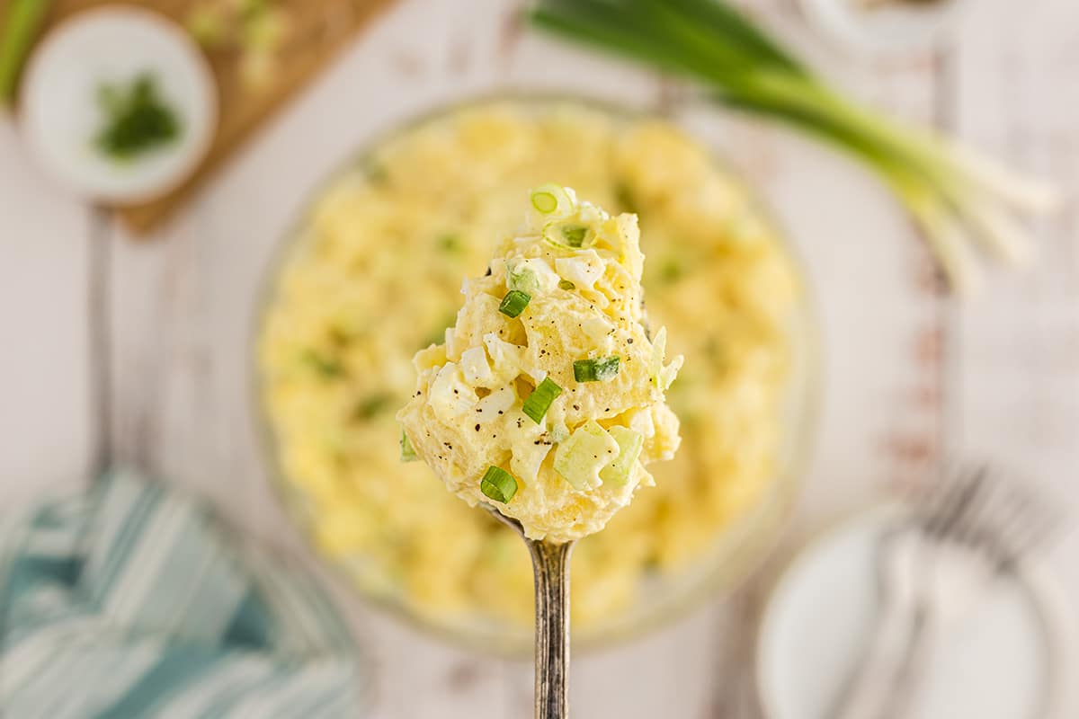 close up of classic potato salad on a spoon