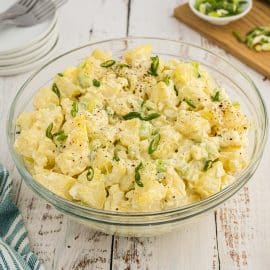 angled shot of potato salad in a bowl