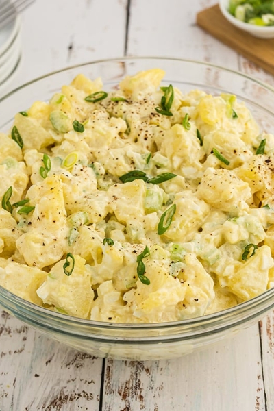 angled shot of potato salad in a bowl