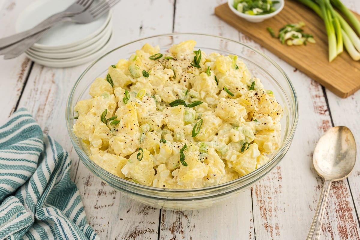 angled shot of potato salad in a bowl