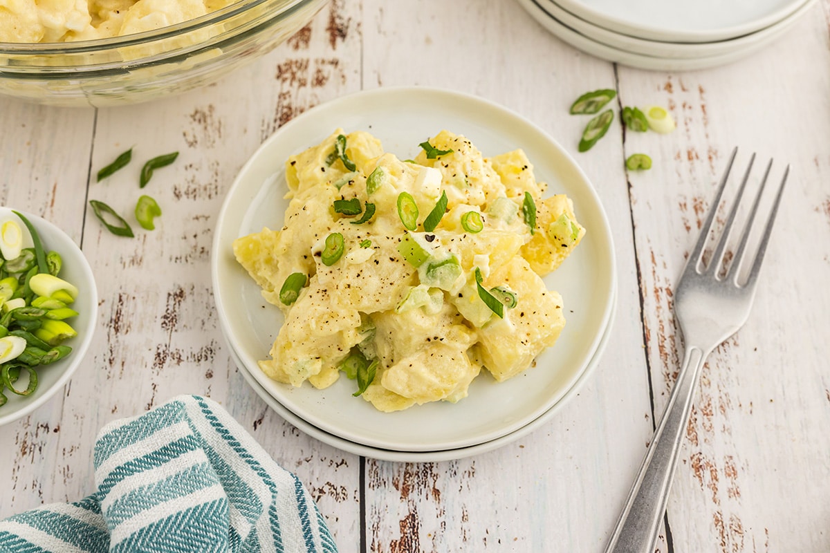 angled shot of classic potato salad on a plate