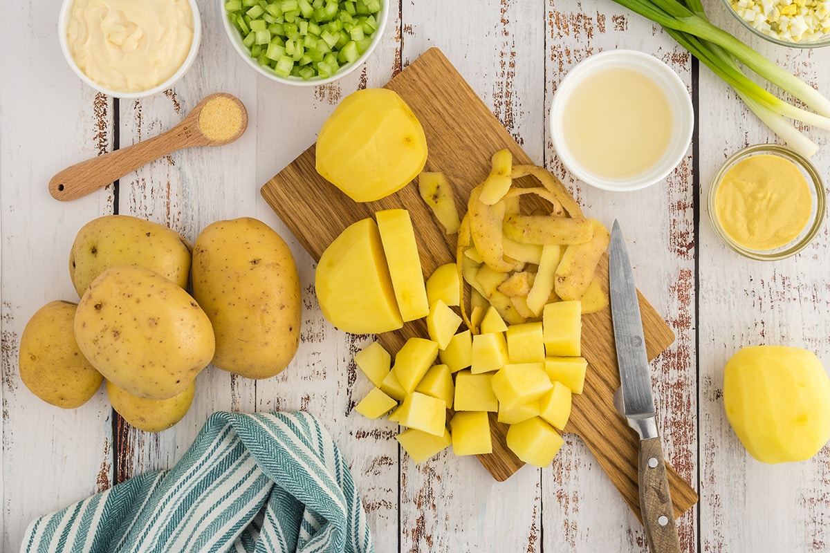 overhead shot of chopped potatoes