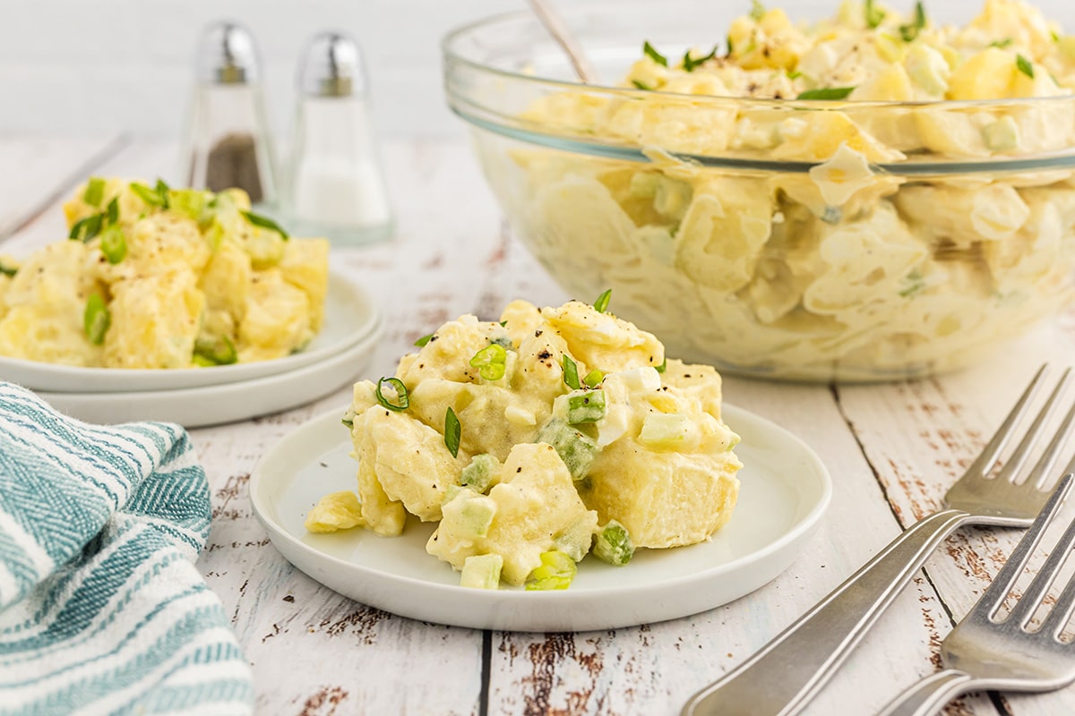 straight on shot of classic potato salad on a plate