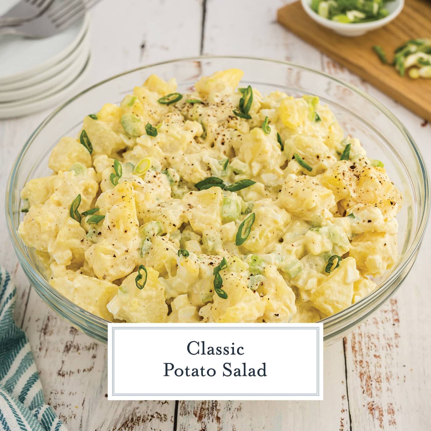 bowl of classic potato salad with text overlay for facebook