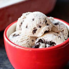 cookies and cream ice cream in a red bowl