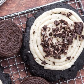 overhead shot of oreo cookie on cooling rack